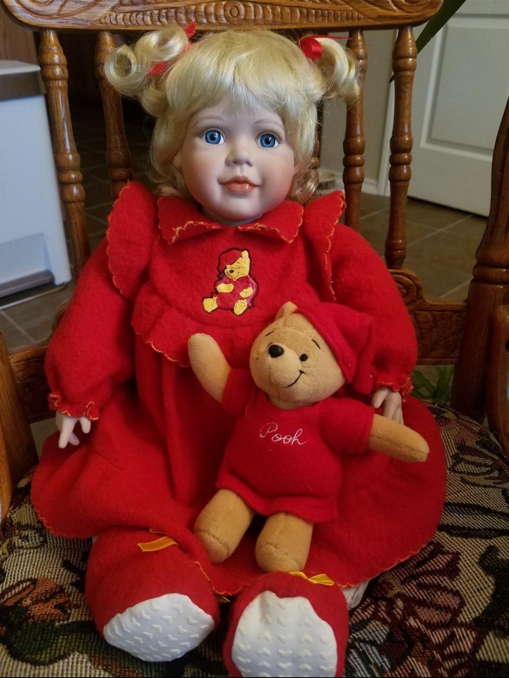 Classic Red Pooh Doll Set with Porcelain Doll Made for Ashton Drake Galleries